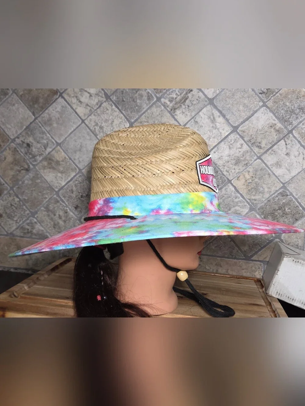 Holden Beach N. C. Lucky 7 Wide Brim Straw Sun Hat - Tie-Dye Brim One Size Adult